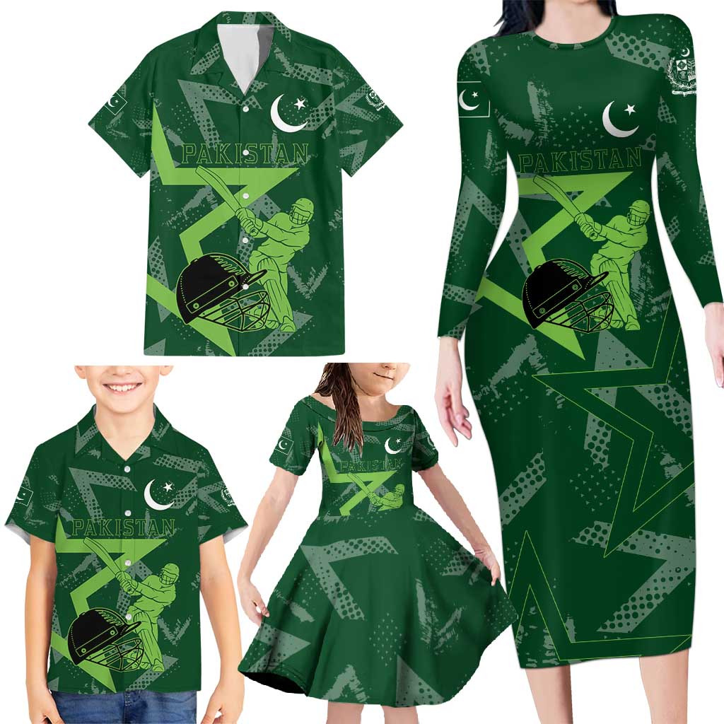 Pakistan Cricket Family Matching Long Sleeve Bodycon Dress and Hawaiian Shirt Sporty Style with Flag Stars & Player Illustration