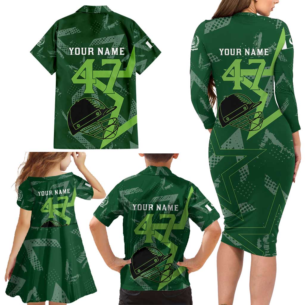 Pakistan Cricket Family Matching Long Sleeve Bodycon Dress and Hawaiian Shirt Sporty Style with Flag Stars & Player Illustration