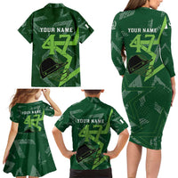 Pakistan Cricket Family Matching Long Sleeve Bodycon Dress and Hawaiian Shirt Sporty Style with Flag Stars & Player Illustration