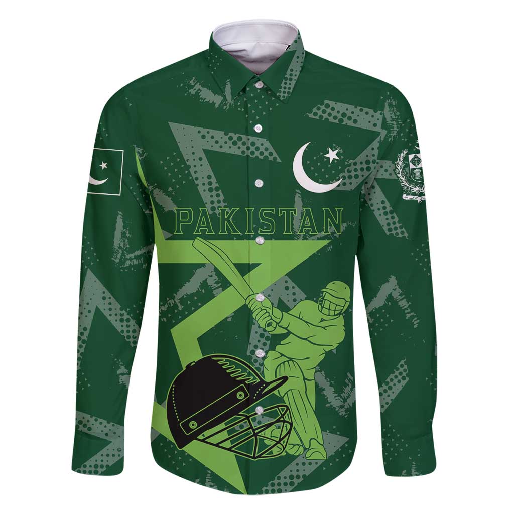 Pakistan Cricket Family Matching Long Sleeve Bodycon Dress and Hawaiian Shirt Sporty Style with Flag Stars & Player Illustration
