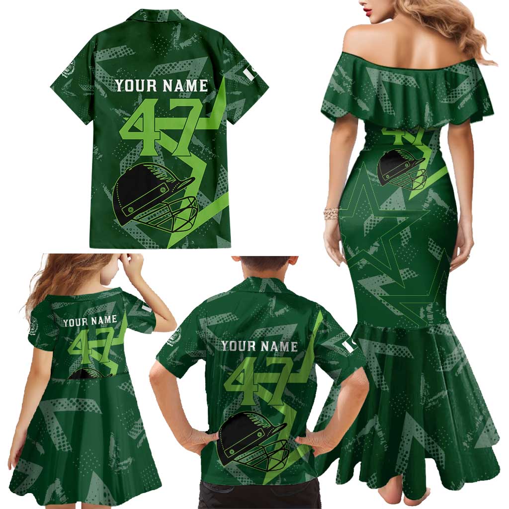 Pakistan Cricket Family Matching Mermaid Dress and Hawaiian Shirt Sporty Style with Flag Stars & Player Illustration