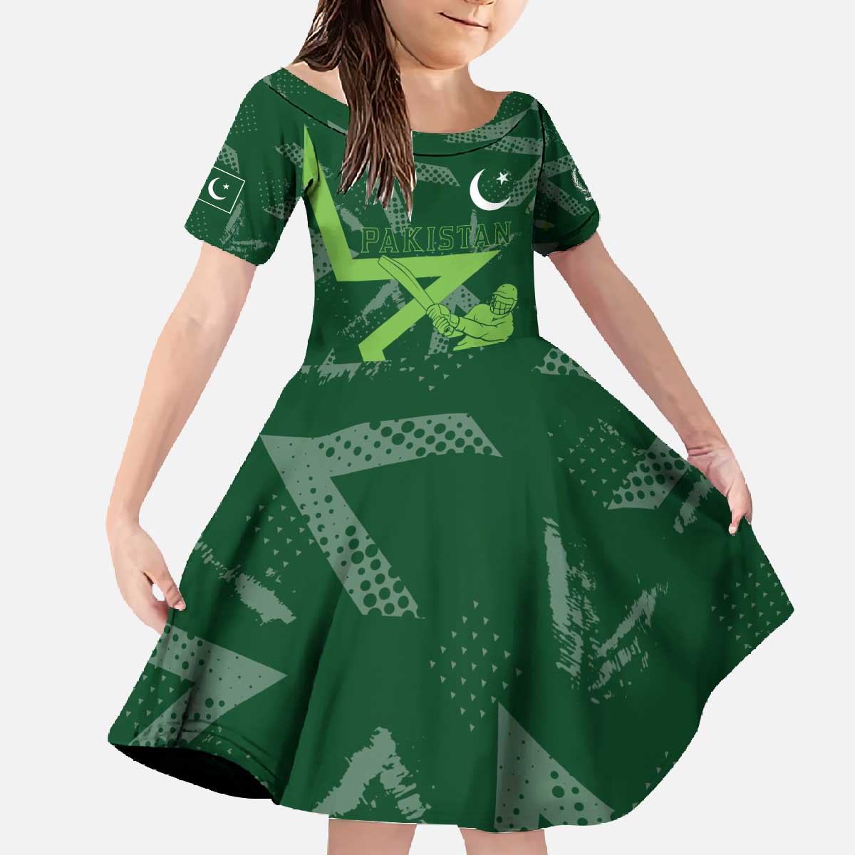 Pakistan Cricket Family Matching Off The Shoulder Long Sleeve Dress and Hawaiian Shirt Sporty Style with Flag Stars & Player Illustration