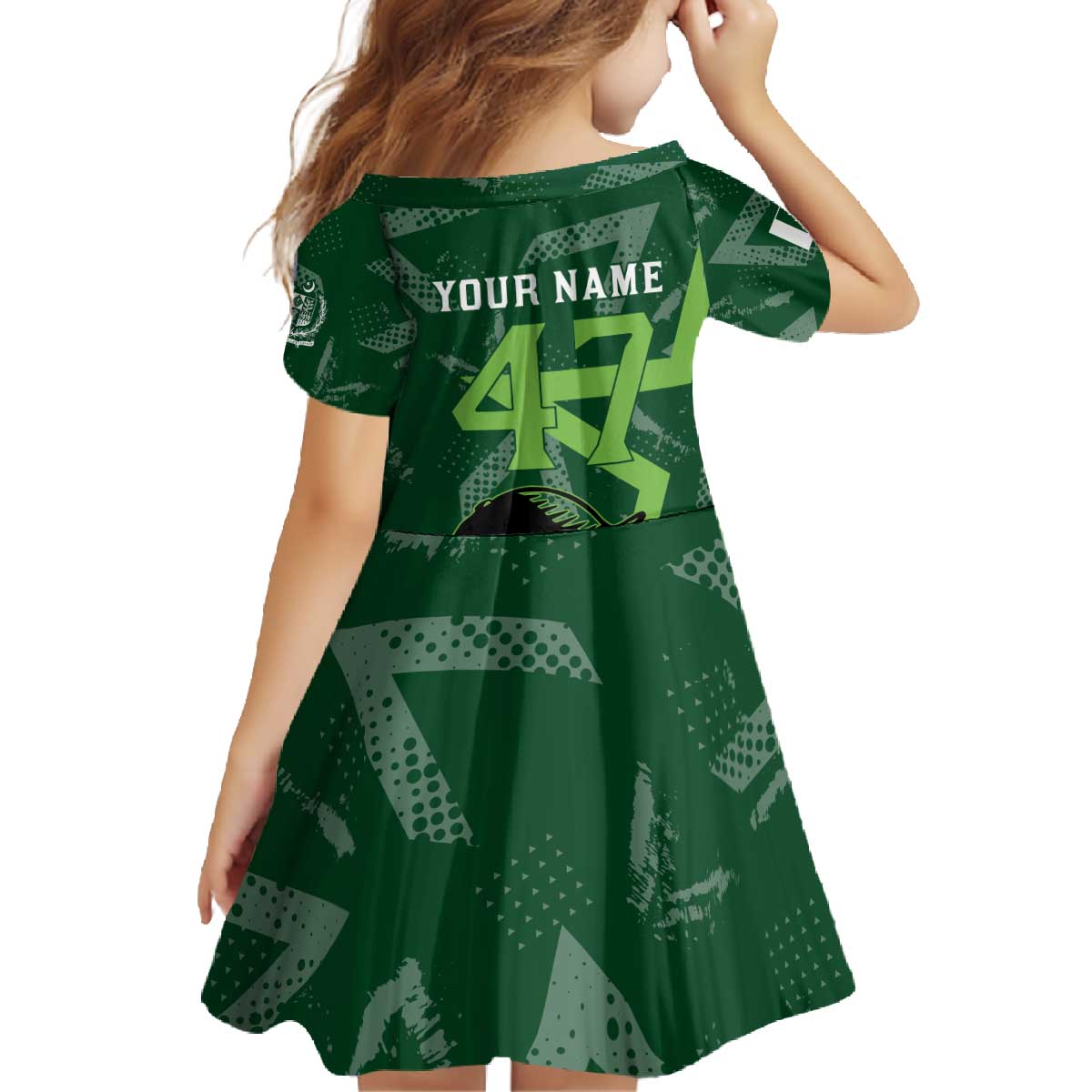 Pakistan Cricket Family Matching Off The Shoulder Long Sleeve Dress and Hawaiian Shirt Sporty Style with Flag Stars & Player Illustration