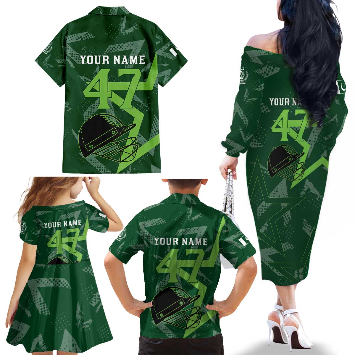 Pakistan Cricket Family Matching Off The Shoulder Long Sleeve Dress and Hawaiian Shirt Sporty Style with Flag Stars & Player Illustration