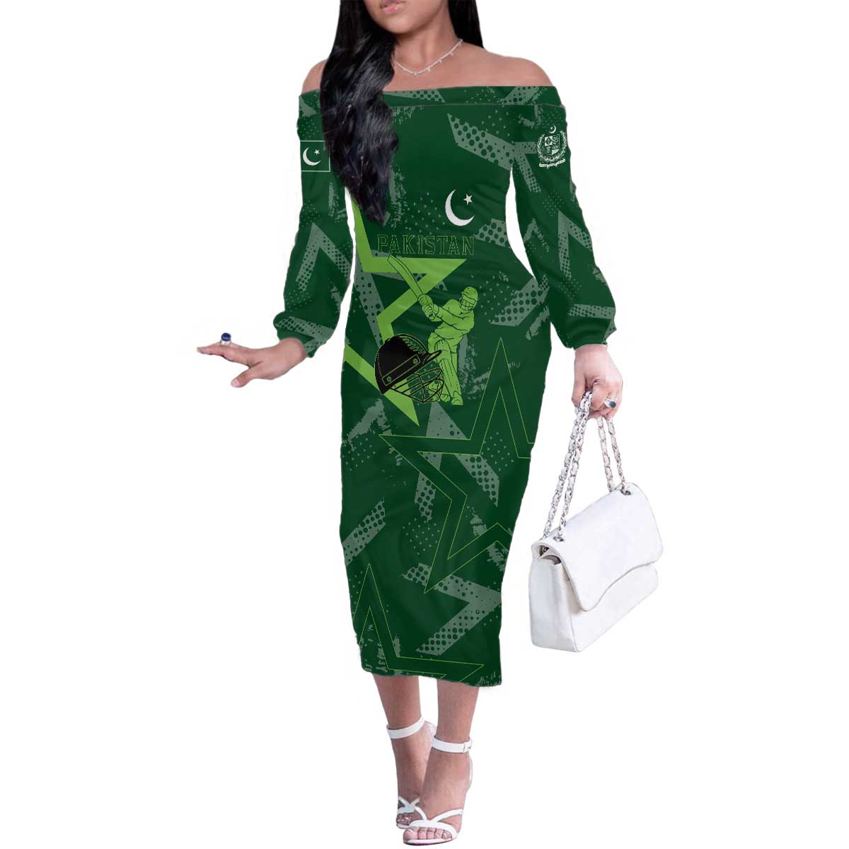 Pakistan Cricket Family Matching Off The Shoulder Long Sleeve Dress and Hawaiian Shirt Sporty Style with Flag Stars & Player Illustration