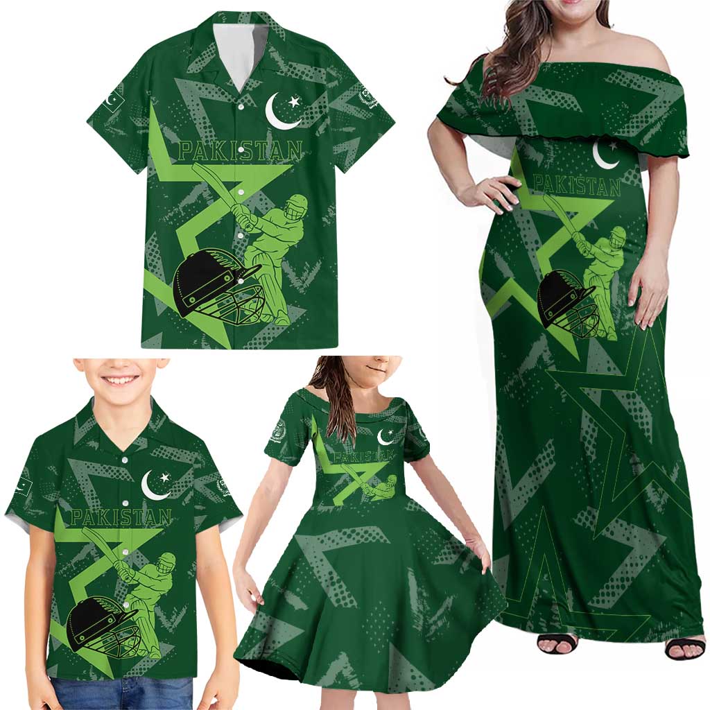 Pakistan Cricket Family Matching Off Shoulder Maxi Dress and Hawaiian Shirt Sporty Style with Flag Stars & Player Illustration