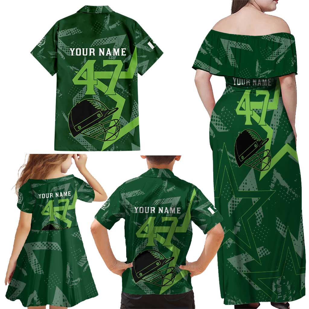 Pakistan Cricket Family Matching Off Shoulder Maxi Dress and Hawaiian Shirt Sporty Style with Flag Stars & Player Illustration