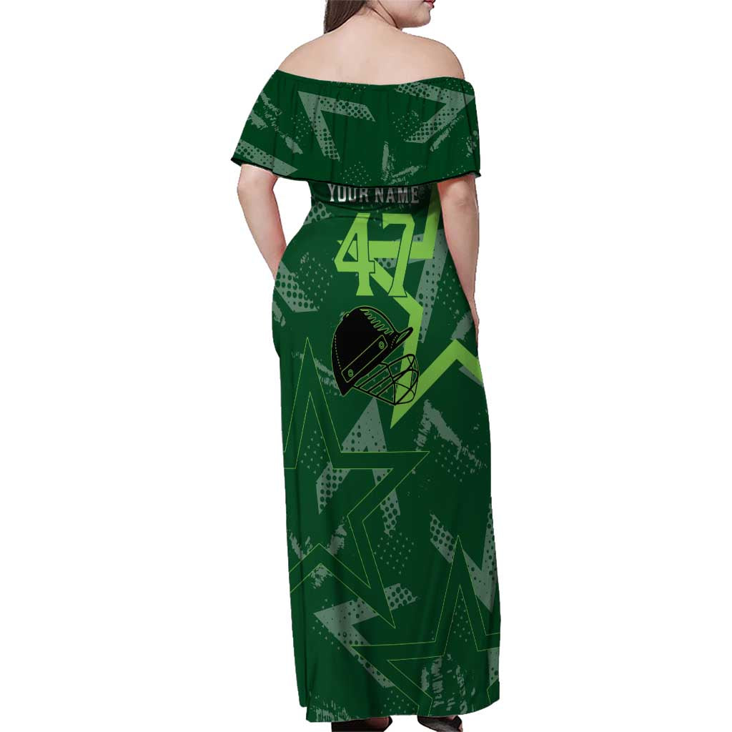 Pakistan Cricket Family Matching Off Shoulder Maxi Dress and Hawaiian Shirt Sporty Style with Flag Stars & Player Illustration