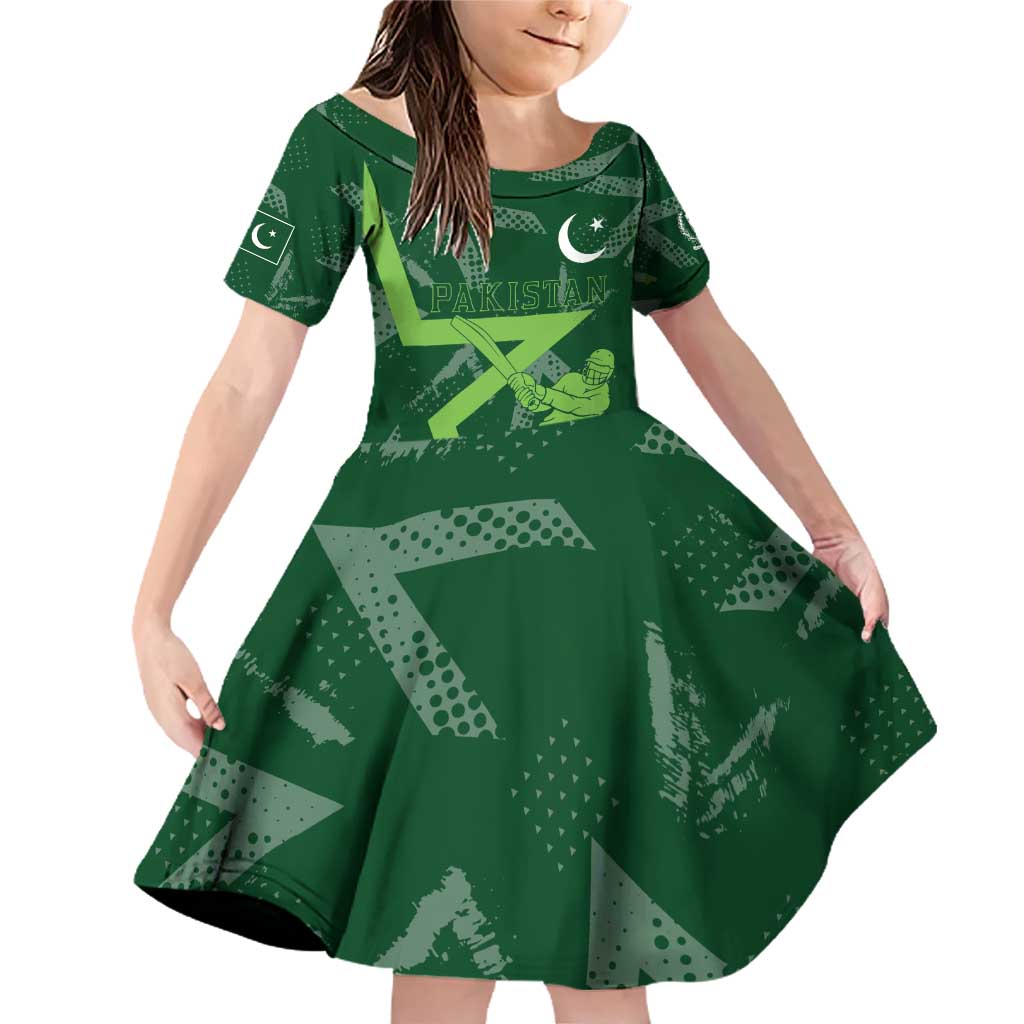 Pakistan Cricket Family Matching Off Shoulder Short Dress and Hawaiian Shirt Sporty Style with Flag Stars & Player Illustration