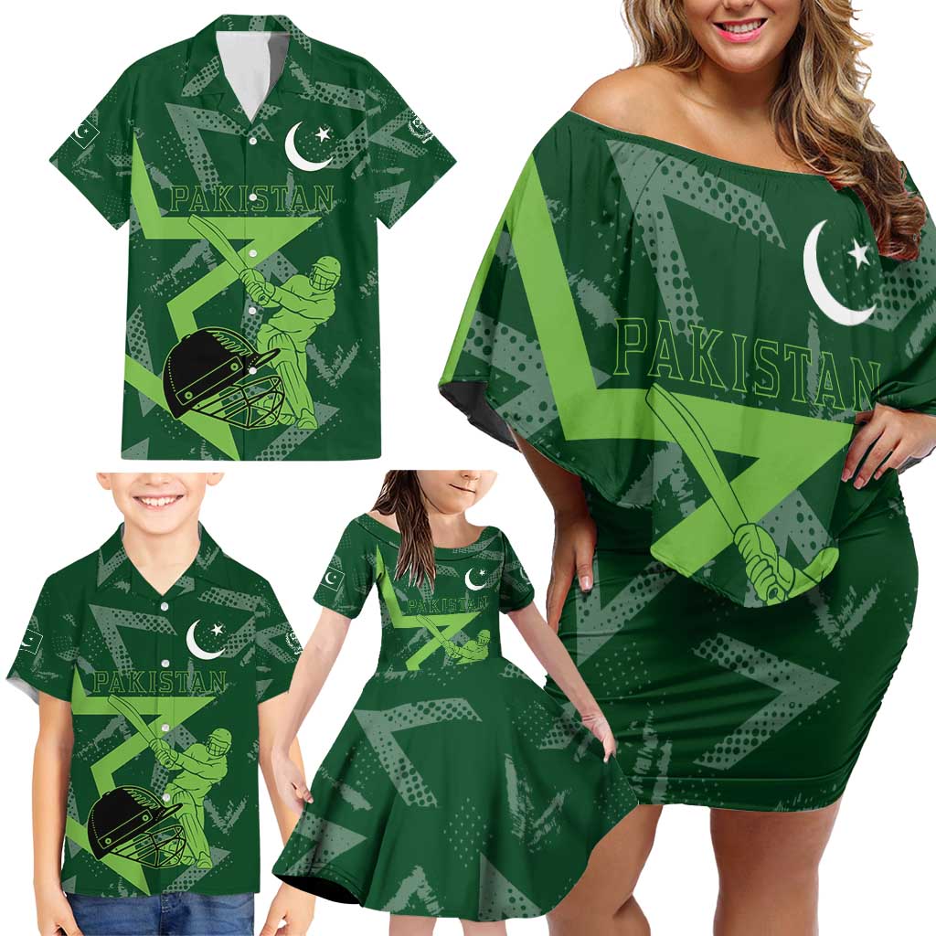Pakistan Cricket Family Matching Off Shoulder Short Dress and Hawaiian Shirt Sporty Style with Flag Stars & Player Illustration