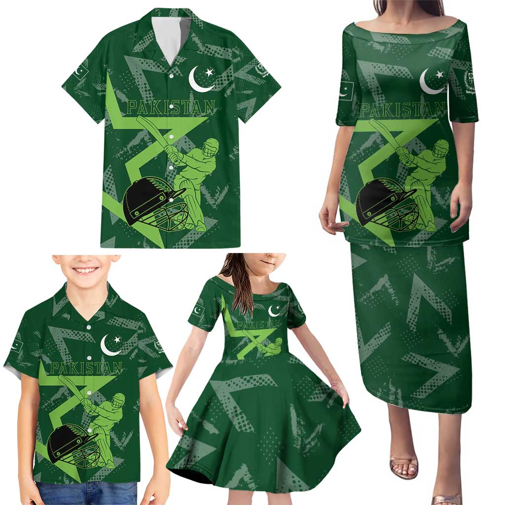 Pakistan Cricket Family Matching Puletasi and Hawaiian Shirt Sporty Style with Flag Stars & Player Illustration