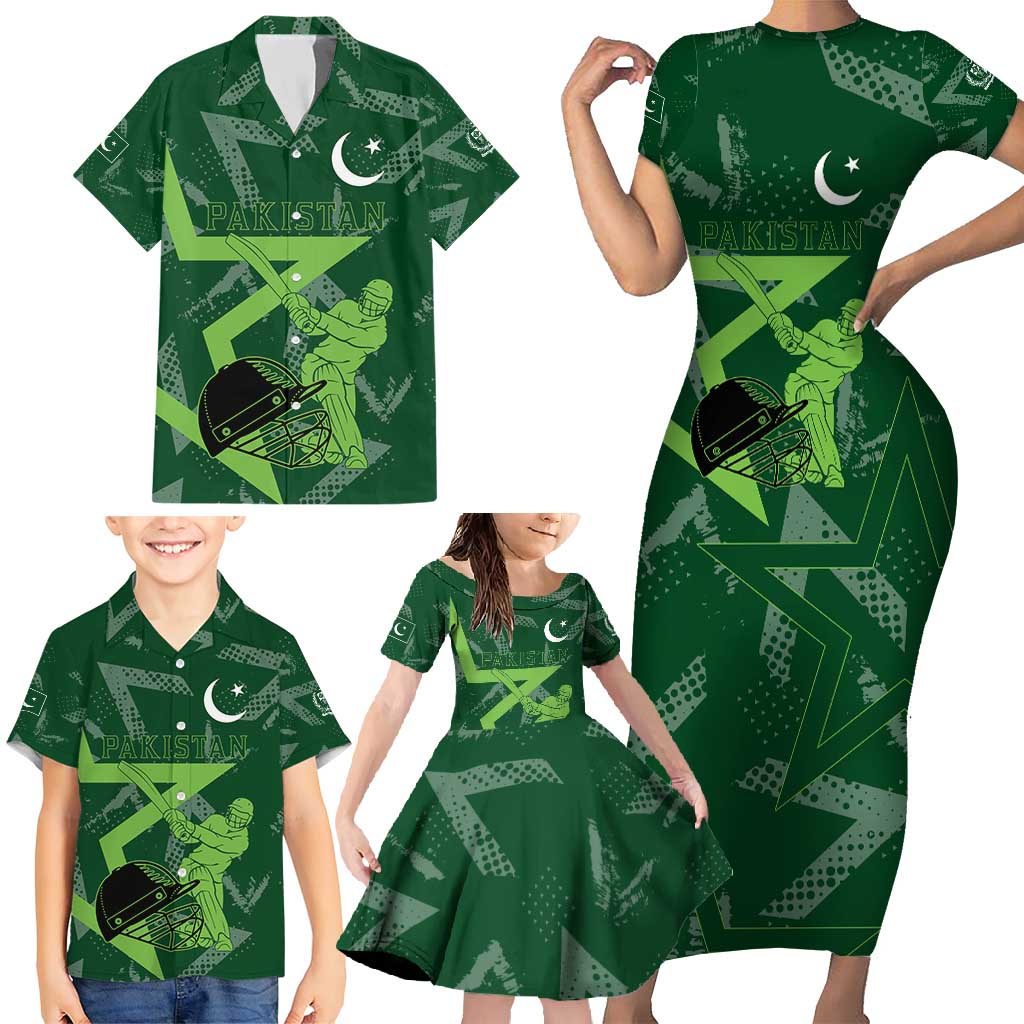 Pakistan Cricket Family Matching Short Sleeve Bodycon Dress and Hawaiian Shirt Sporty Style with Flag Stars & Player Illustration