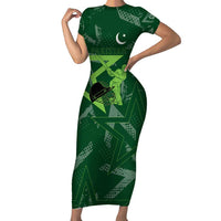 Pakistan Cricket Family Matching Short Sleeve Bodycon Dress and Hawaiian Shirt Sporty Style with Flag Stars & Player Illustration