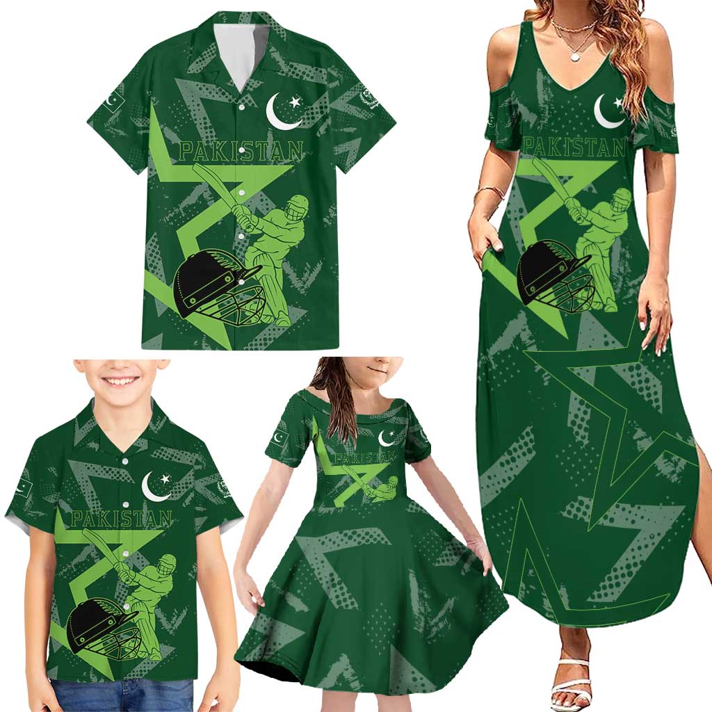 Pakistan Cricket Family Matching Summer Maxi Dress and Hawaiian Shirt Sporty Style with Flag Stars & Player Illustration