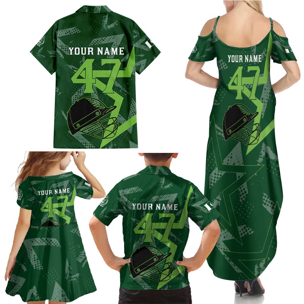 Pakistan Cricket Family Matching Summer Maxi Dress and Hawaiian Shirt Sporty Style with Flag Stars & Player Illustration