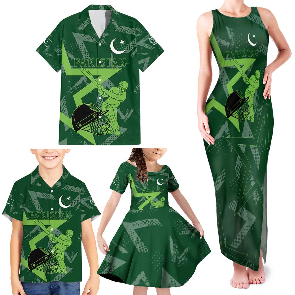 Pakistan Cricket Family Matching Tank Maxi Dress and Hawaiian Shirt Sporty Style with Flag Stars & Player Illustration