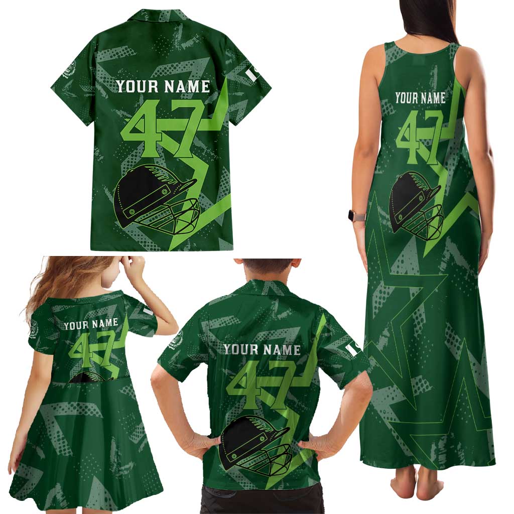 Pakistan Cricket Family Matching Tank Maxi Dress and Hawaiian Shirt Sporty Style with Flag Stars & Player Illustration