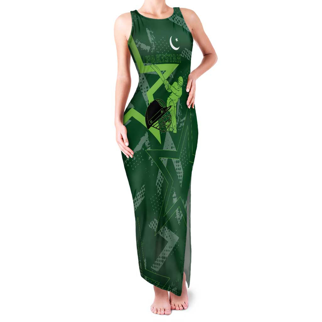 Pakistan Cricket Family Matching Tank Maxi Dress and Hawaiian Shirt Sporty Style with Flag Stars & Player Illustration