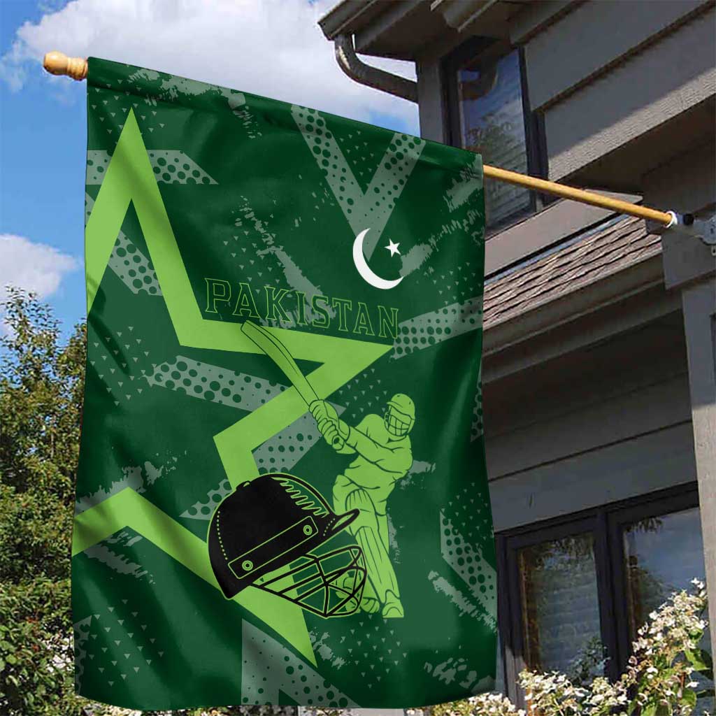 Pakistan Cricket Garden Flag Sporty Style with Flag Stars & Player Illustration
