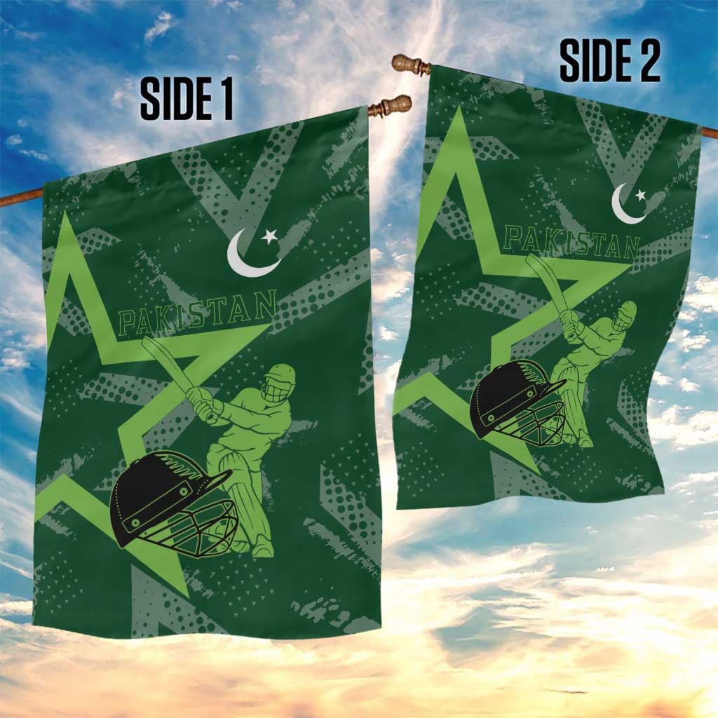 Pakistan Cricket Garden Flag Sporty Style with Flag Stars & Player Illustration