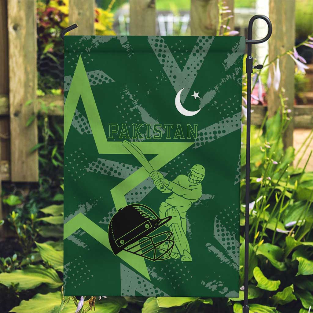 Pakistan Cricket Garden Flag Sporty Style with Flag Stars & Player Illustration