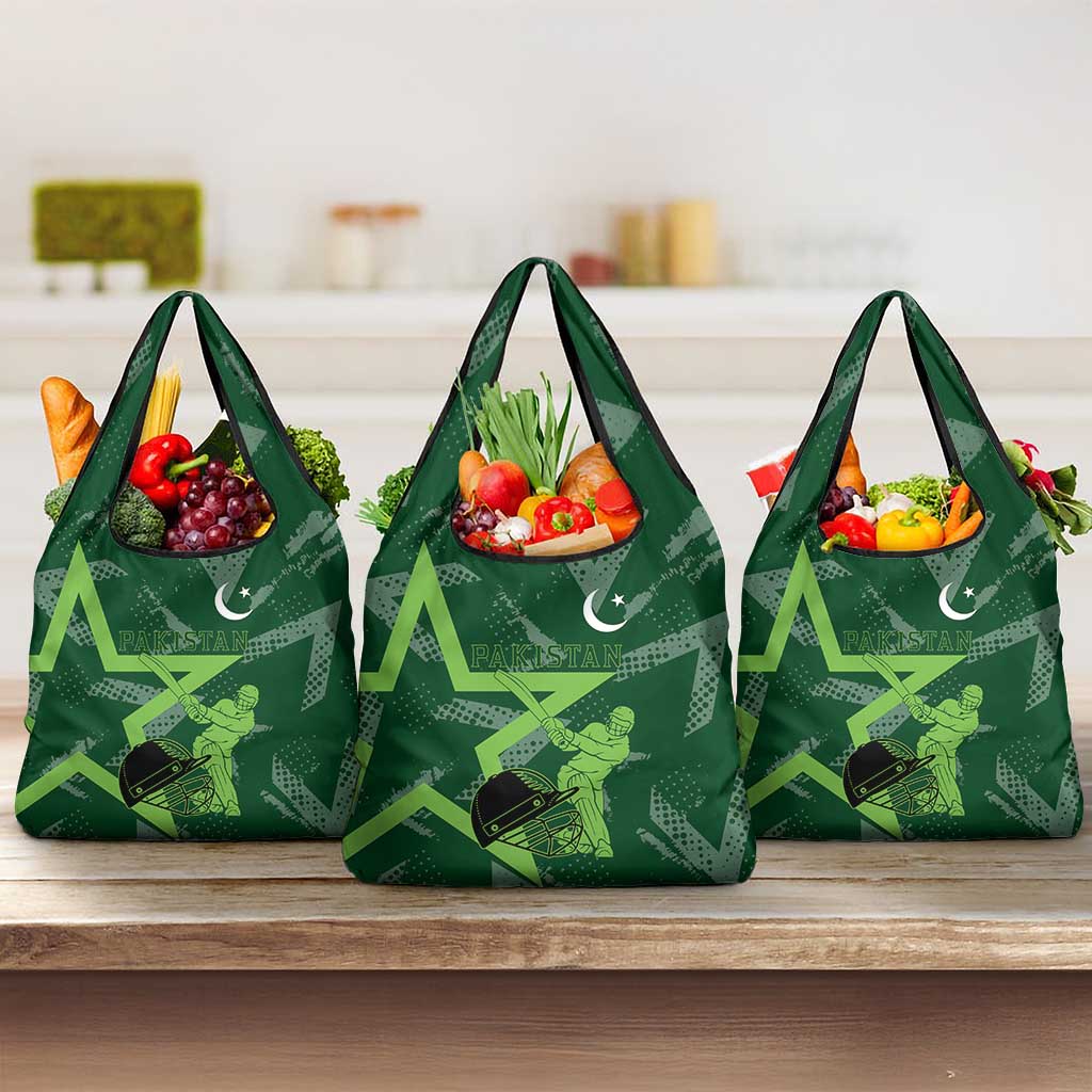 Pakistan Cricket Grocery Bag Sporty Style with Flag Stars & Player Illustration