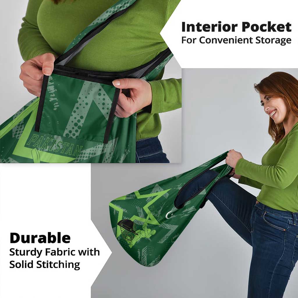 Pakistan Cricket Grocery Bag Sporty Style with Flag Stars & Player Illustration