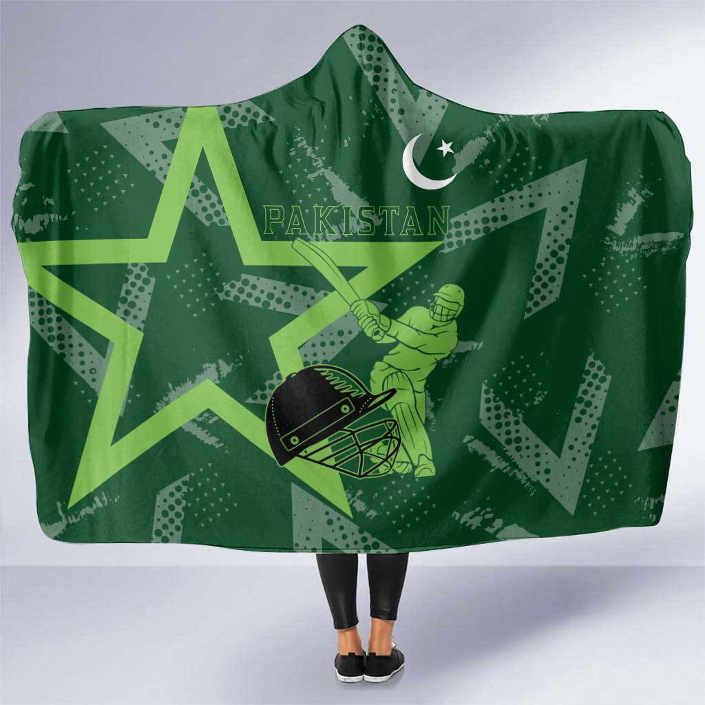 Pakistan Cricket Hooded Blanket Sporty Style with Flag Stars & Player Illustration