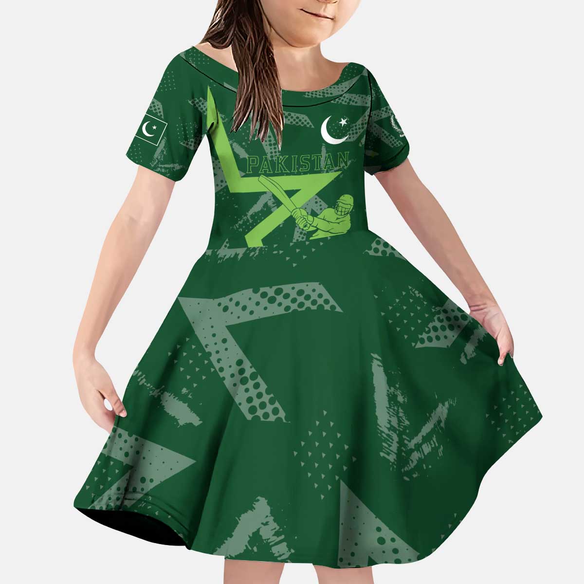 Pakistan Cricket Kid Short Sleeve Dress Sporty Style with Flag Stars & Player Illustration