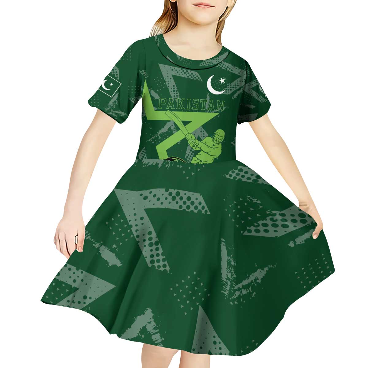 Pakistan Cricket Kid Short Sleeve Dress Sporty Style with Flag Stars & Player Illustration