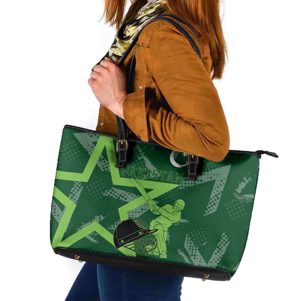 Pakistan Cricket Leather Tote Bag Sporty Style with Flag Stars & Player Illustration