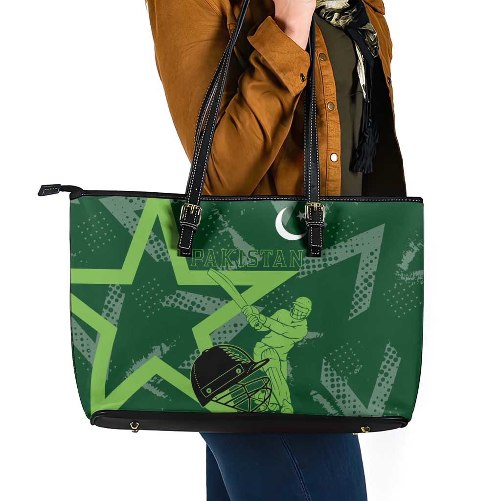 Pakistan Cricket Leather Tote Bag Sporty Style with Flag Stars & Player Illustration