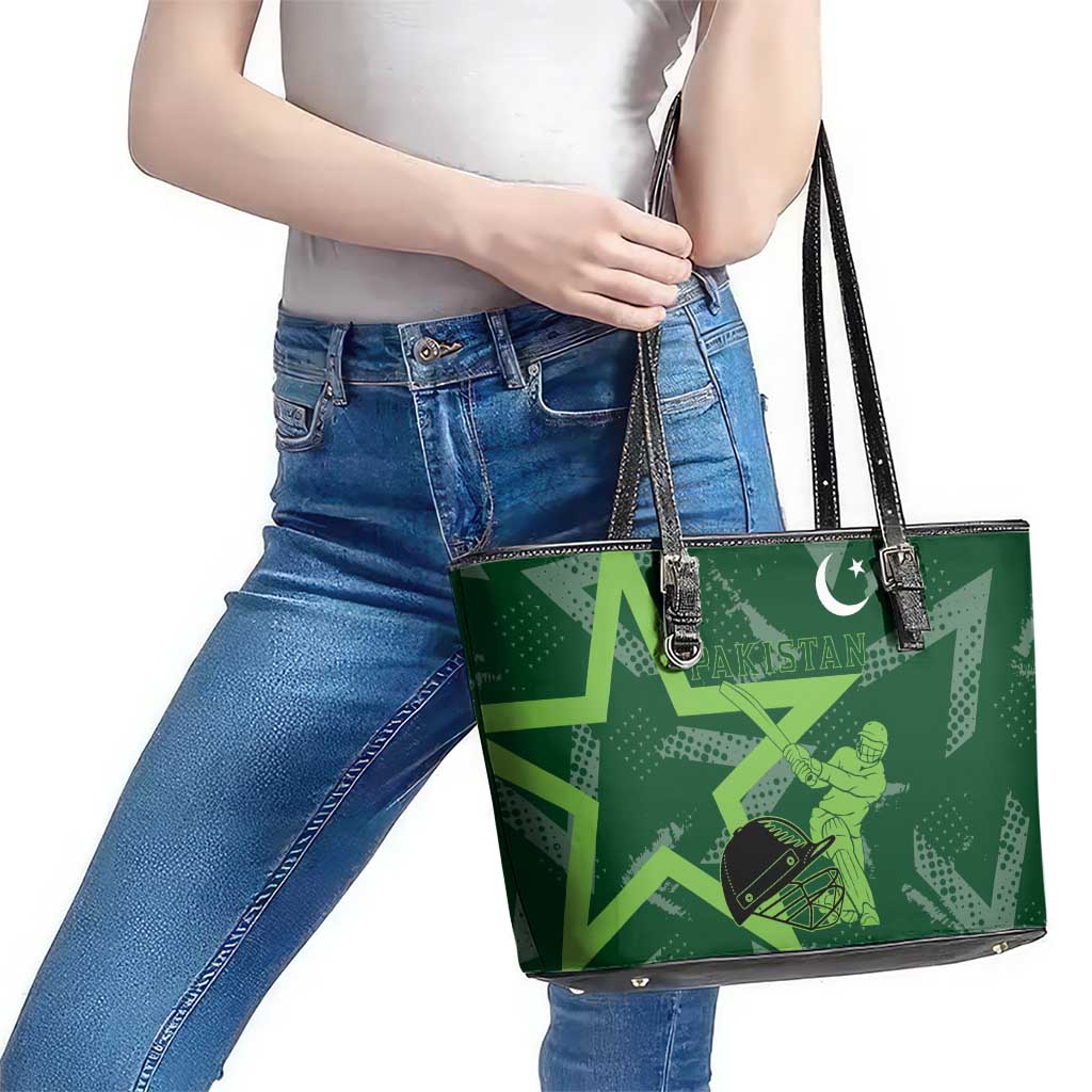 Pakistan Cricket Leather Tote Bag Sporty Style with Flag Stars & Player Illustration