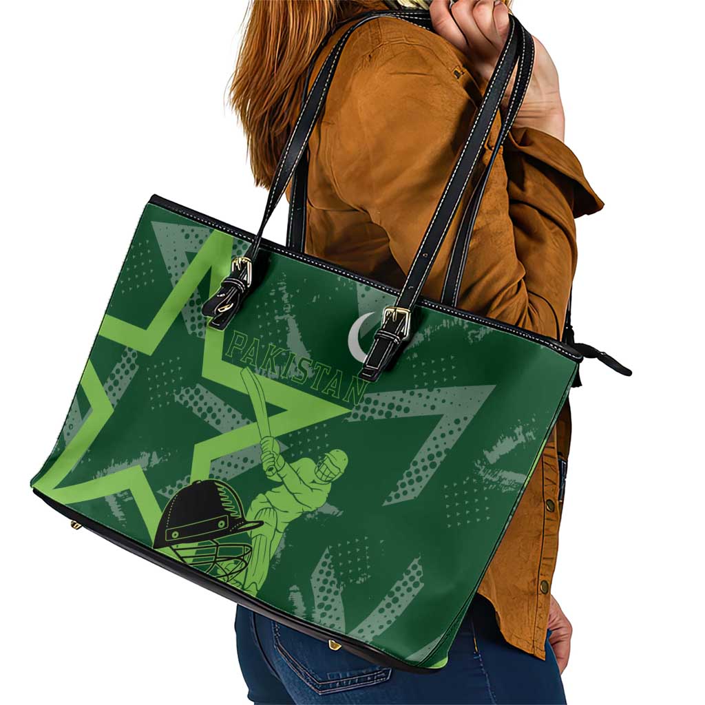Pakistan Cricket Leather Tote Bag Sporty Style with Flag Stars & Player Illustration