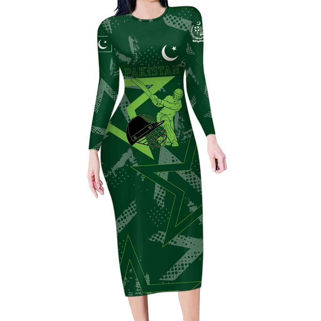 Pakistan Cricket Long Sleeve Bodycon Dress Sporty Style with Flag Stars & Player Illustration