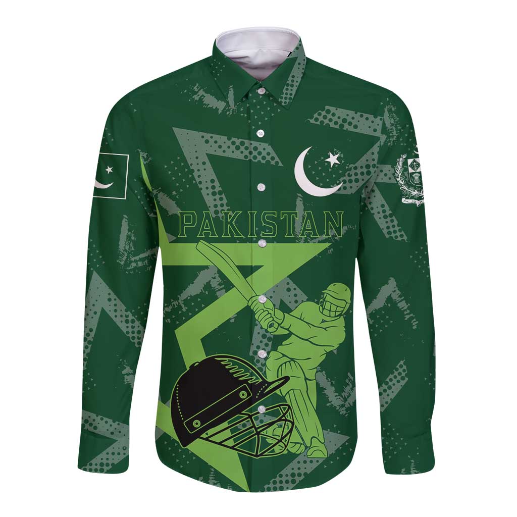 Pakistan Cricket Long Sleeve Button Shirt Sporty Style with Flag Stars & Player Illustration