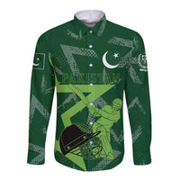 Pakistan Cricket Long Sleeve Button Shirt Sporty Style with Flag Stars & Player Illustration