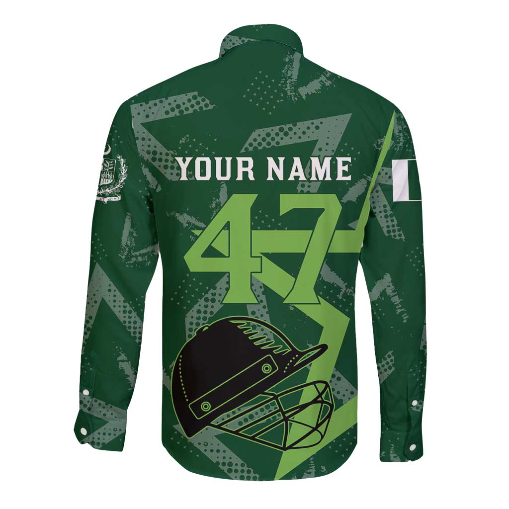 Pakistan Cricket Long Sleeve Button Shirt Sporty Style with Flag Stars & Player Illustration