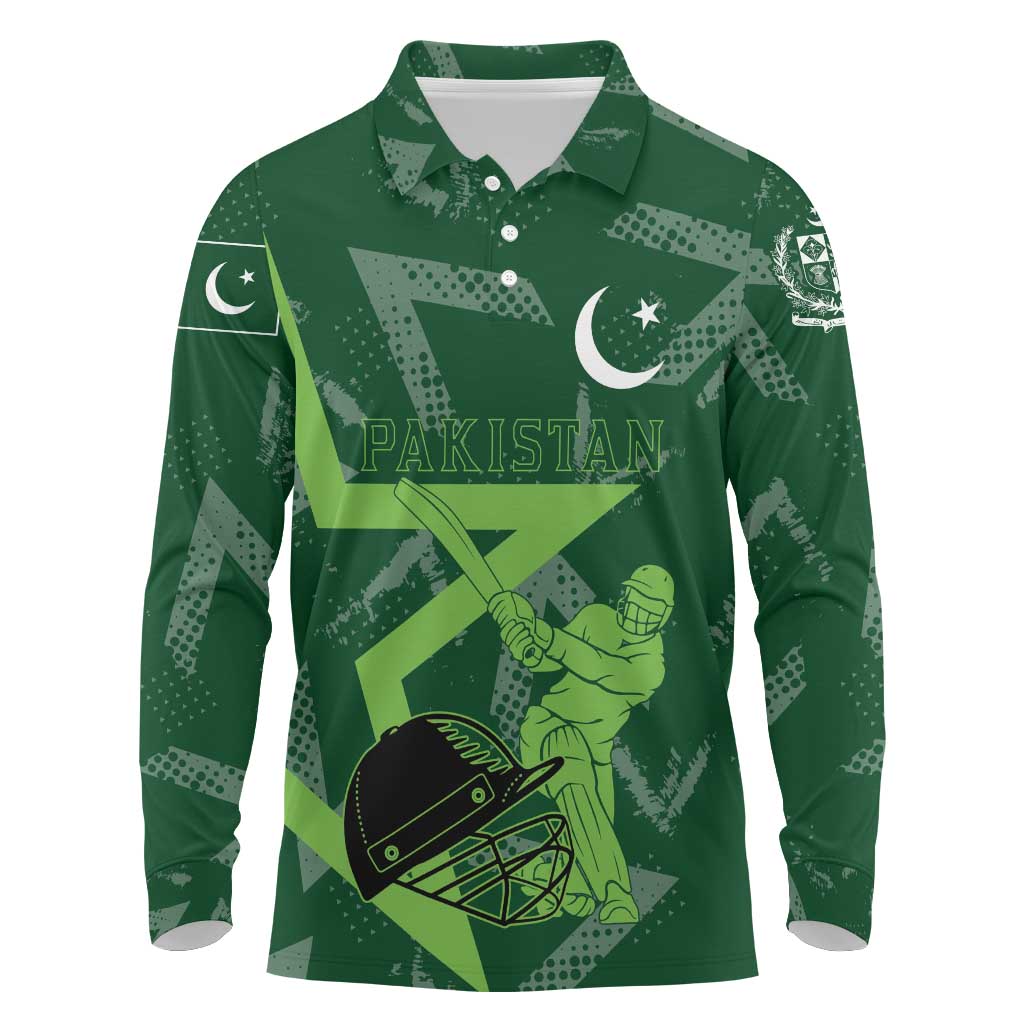 Pakistan Cricket Long Sleeve Polo Shirt Sporty Style with Flag Stars & Player Illustration