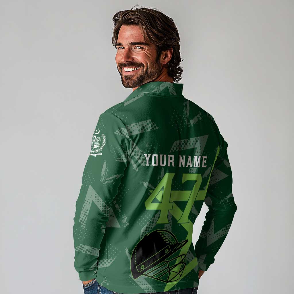 Pakistan Cricket Long Sleeve Polo Shirt Sporty Style with Flag Stars & Player Illustration