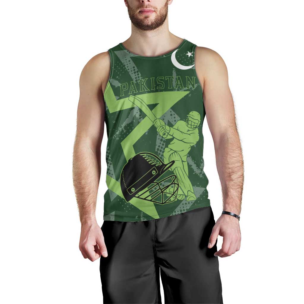 Pakistan Cricket Men Tank Top Sporty Style with Flag Stars & Player Illustration