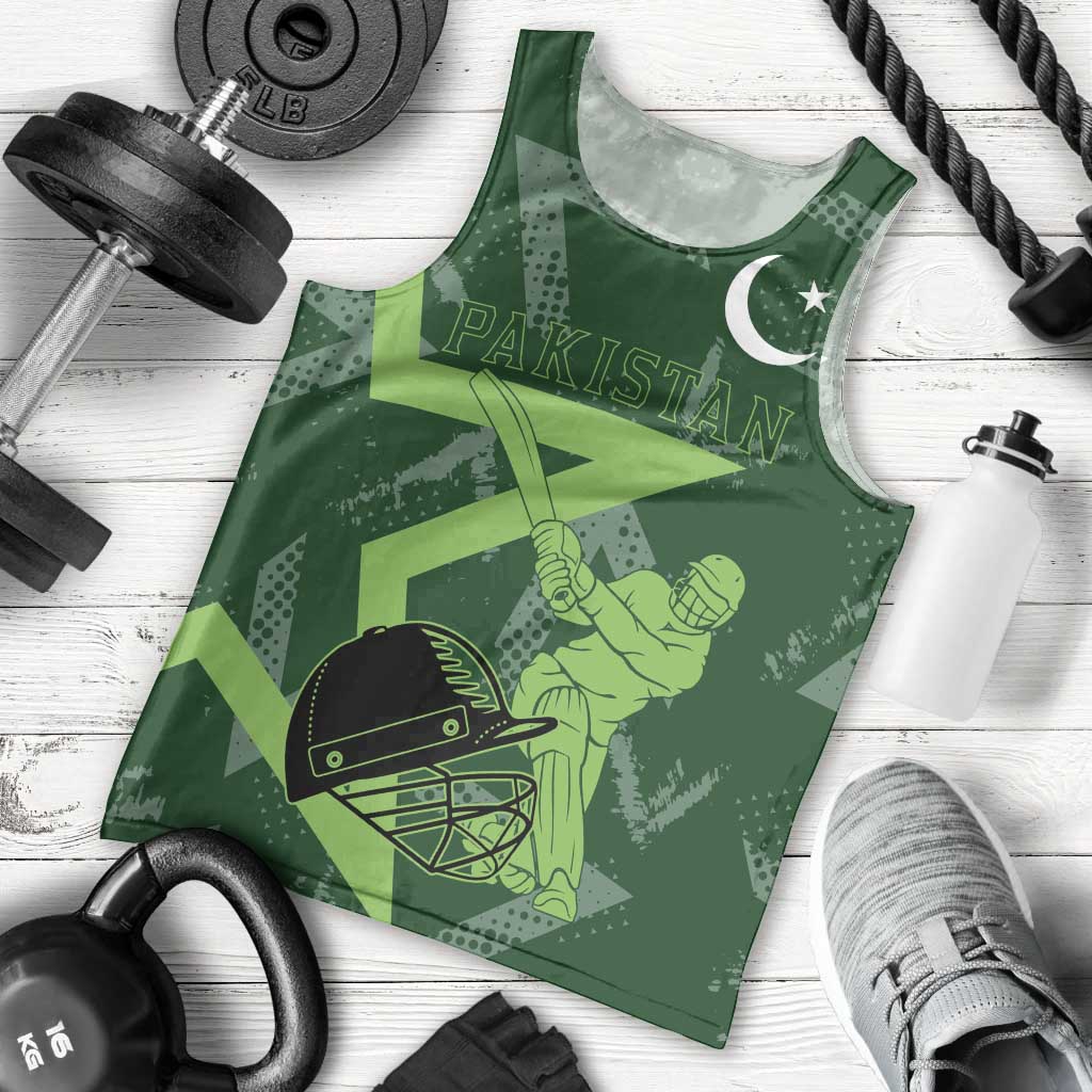 Pakistan Cricket Men Tank Top Sporty Style with Flag Stars & Player Illustration
