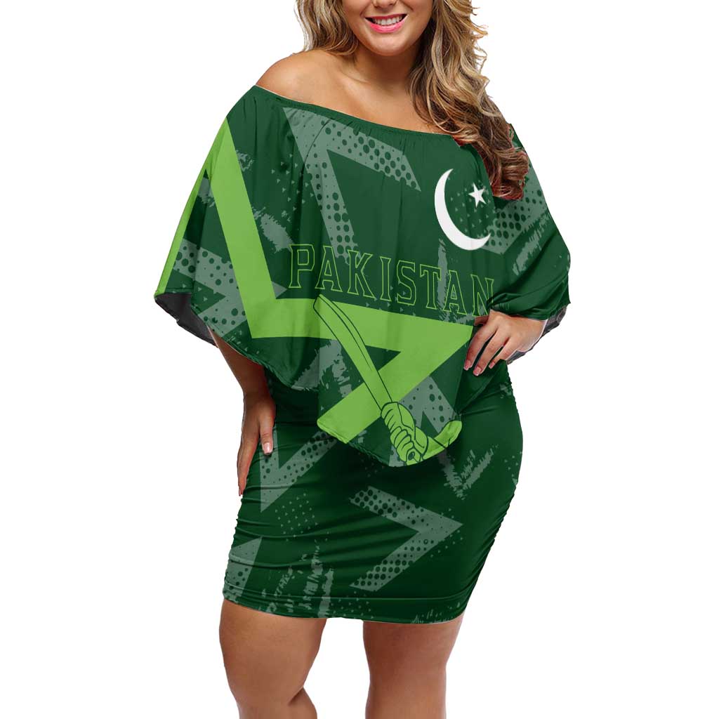 Pakistan Cricket Off Shoulder Short Dress Sporty Style with Flag Stars & Player Illustration