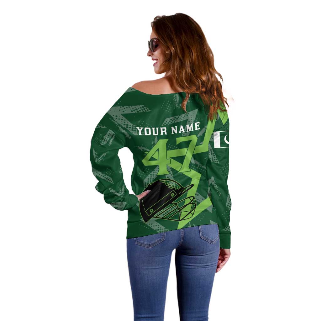 Pakistan Cricket Off Shoulder Sweater Sporty Style with Flag Stars & Player Illustration