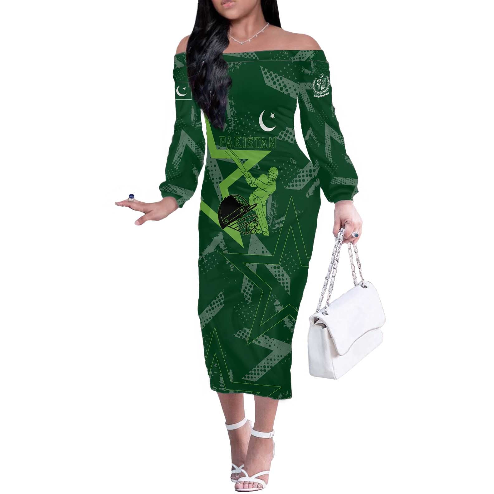 Pakistan Cricket Off The Shoulder Long Sleeve Dress Sporty Style with Flag Stars & Player Illustration