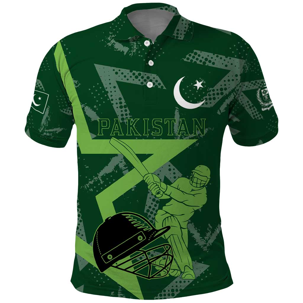 Pakistan Cricket Polo Shirt Sporty Style with Flag Stars & Player Illustration