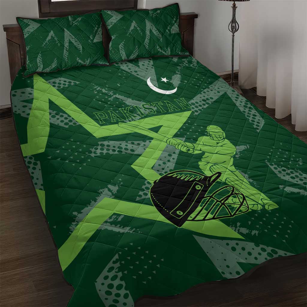 Pakistan Cricket Quilt Bed Set Sporty Style with Flag Stars & Player Illustration