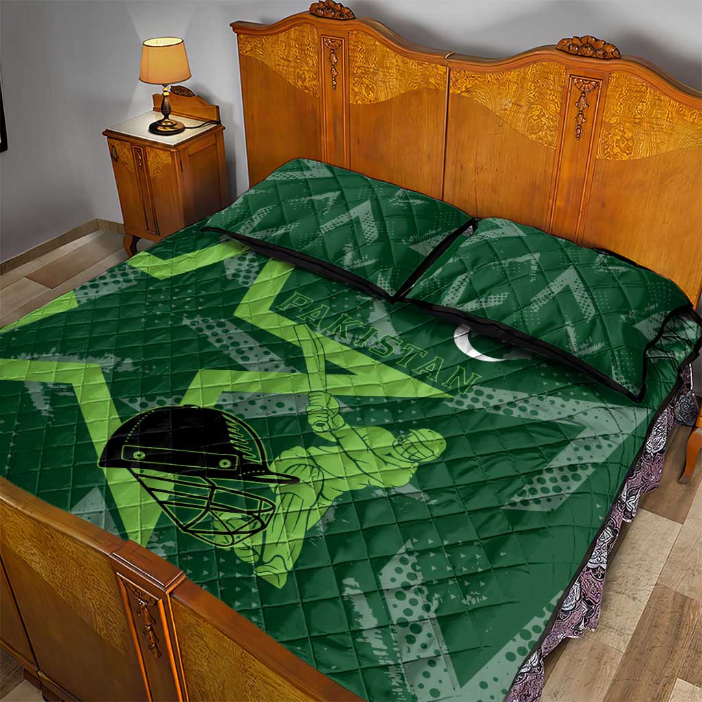 Pakistan Cricket Quilt Bed Set Sporty Style with Flag Stars & Player Illustration