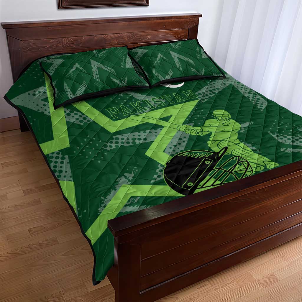Pakistan Cricket Quilt Bed Set Sporty Style with Flag Stars & Player Illustration
