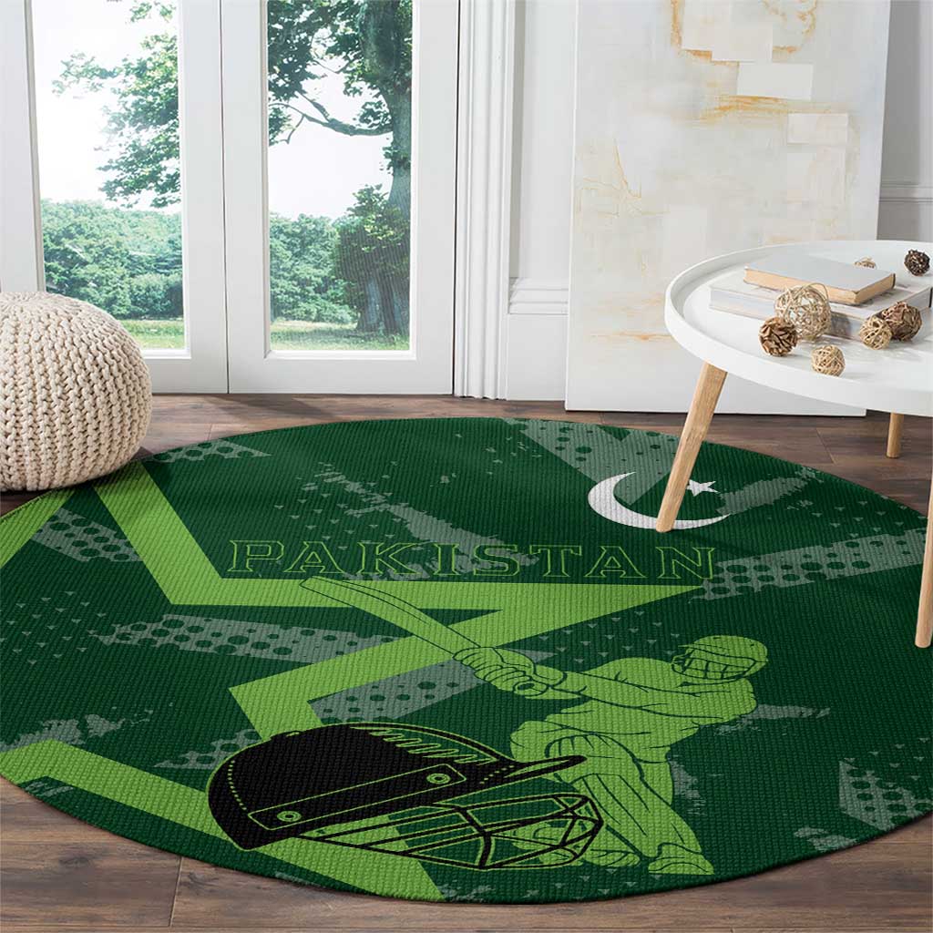 Pakistan Cricket Round Carpet Sporty Style with Flag Stars & Player Illustration